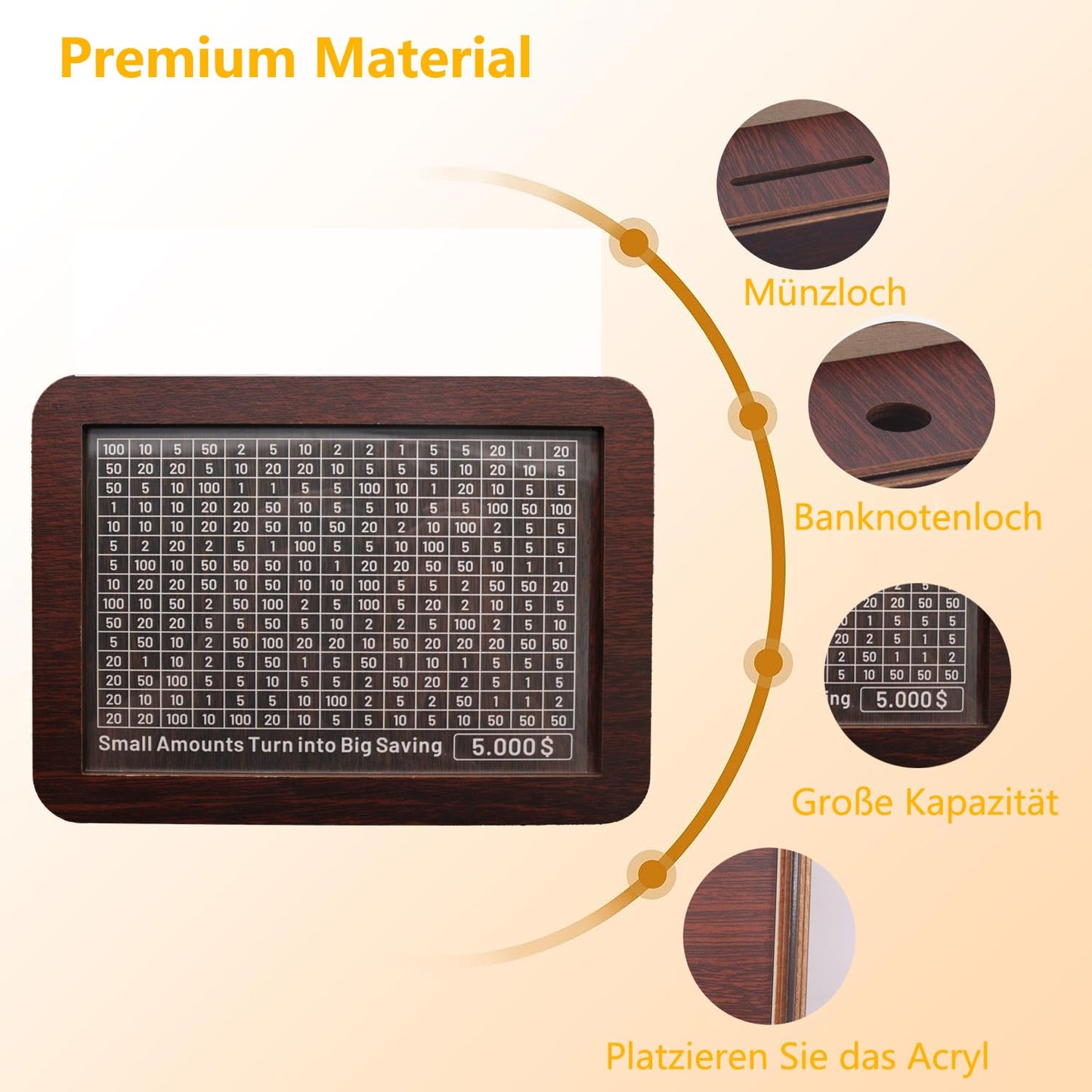 Cash Vault Wooden Savings Box 10000 5000 15000 3000 2000 1000 500 Cash Box With 2 Blank Savings Tracker, Official Save Box(Creat