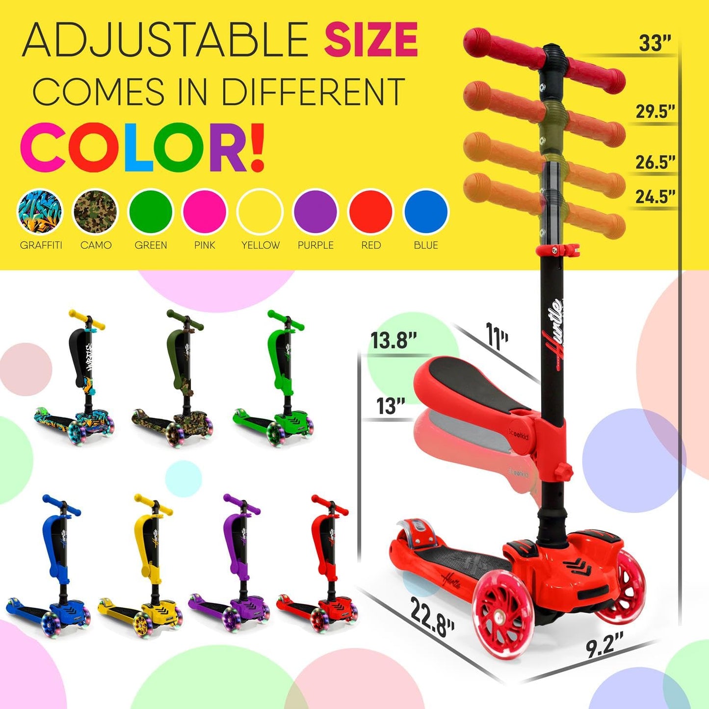 Hurtle Kids Scooter - Child Toddler Kick Scooter Toy With Foldable Seat - 3 Wheel Scooter With Adjustable Height, Anti-Slip Deck, Flashing Wheel Lights, For Boys/Girls 1-12 Year Old, Red