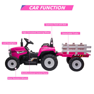12V Kids Battery Powered Electric Tractor With Trailer, Toddler Ride On Car With Remote Control/ 7-Led Headlights/ 2+1 Gear Shift/Music Player/Usb Port For Kids 3-6 Years,Rosered,35W/ Eva Tire