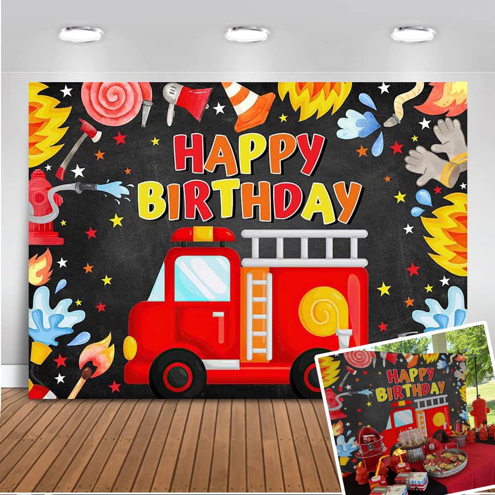 Mocsicka Fireman Birthday Backdrop 7x5ft Fire Truck Happy Birthday Party Decorations Banner Fireman Theme Kids Bday Background B