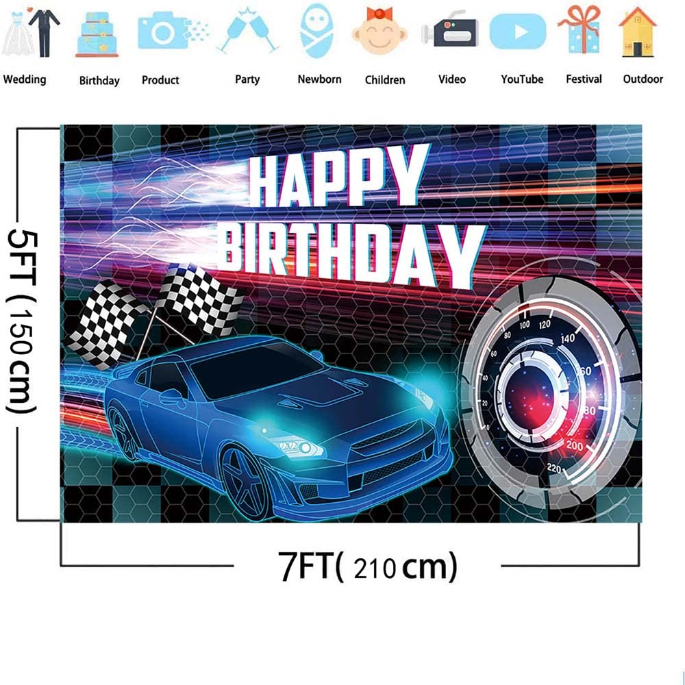 MEHOFOND 7x5ft Vinyl Car Racing Birthday Backdrop, Blue Photo Background for Boys, Model LT-1817