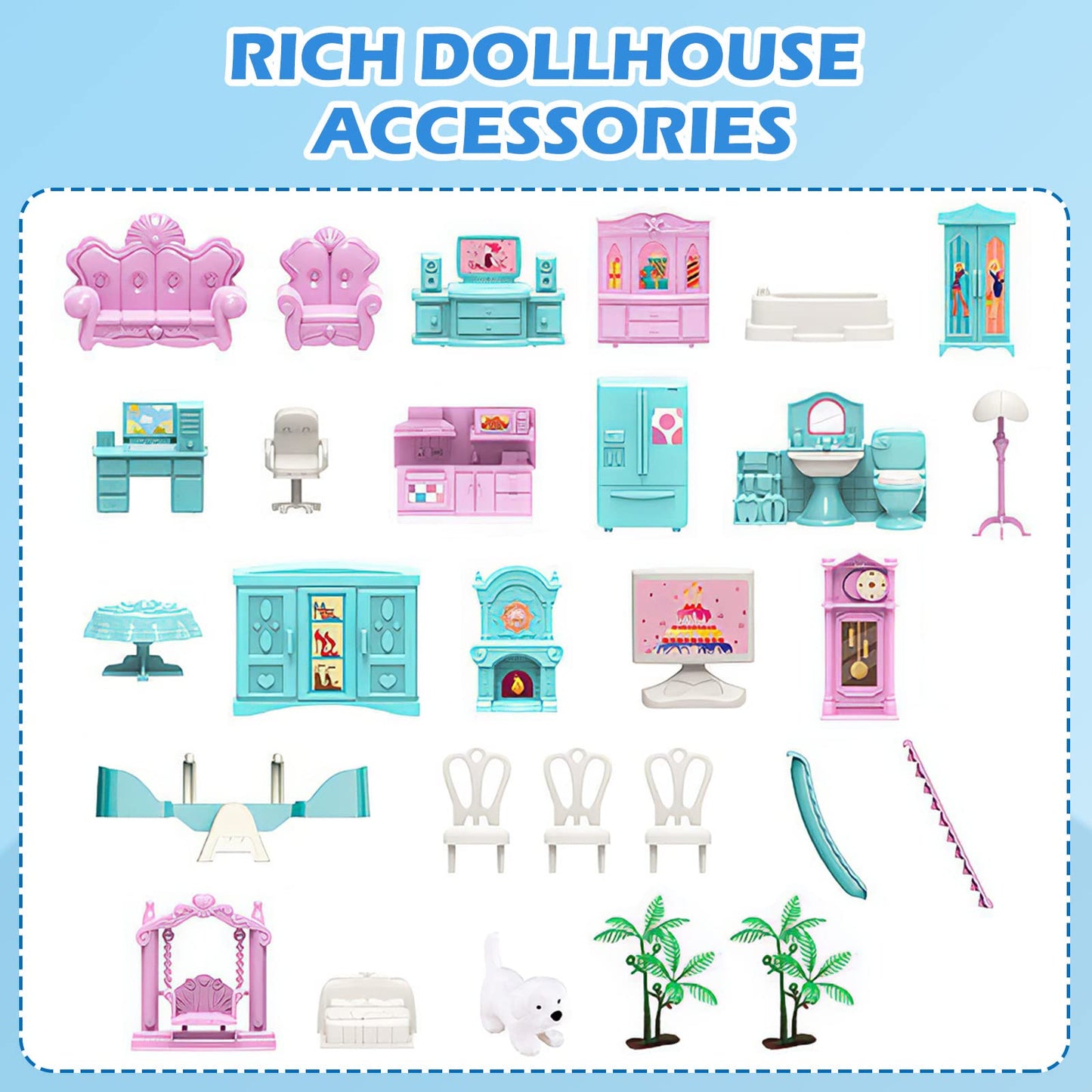 Deao Dollhouse For Girls - 3 Story 11 Rooms Diy Building Pretend Play House With Accessories Furnitures With Outdoor Space Open Sided Princess Castle Playset For Girls Kids