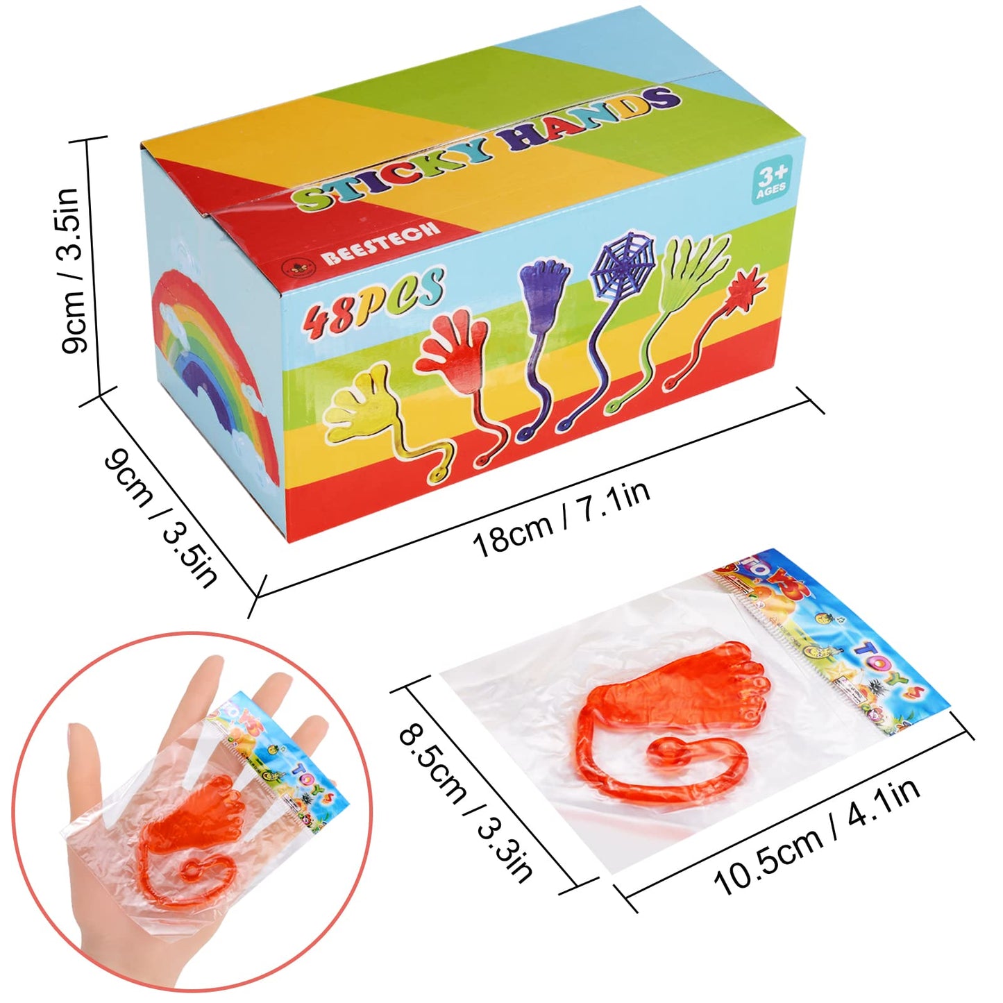 48 Pack Sticky Hands Party Favors, 6 Types Goodie Bag Stuffers, Teacher Treasure Box Prizes, Classroom Rewards, Piata Fillers, B