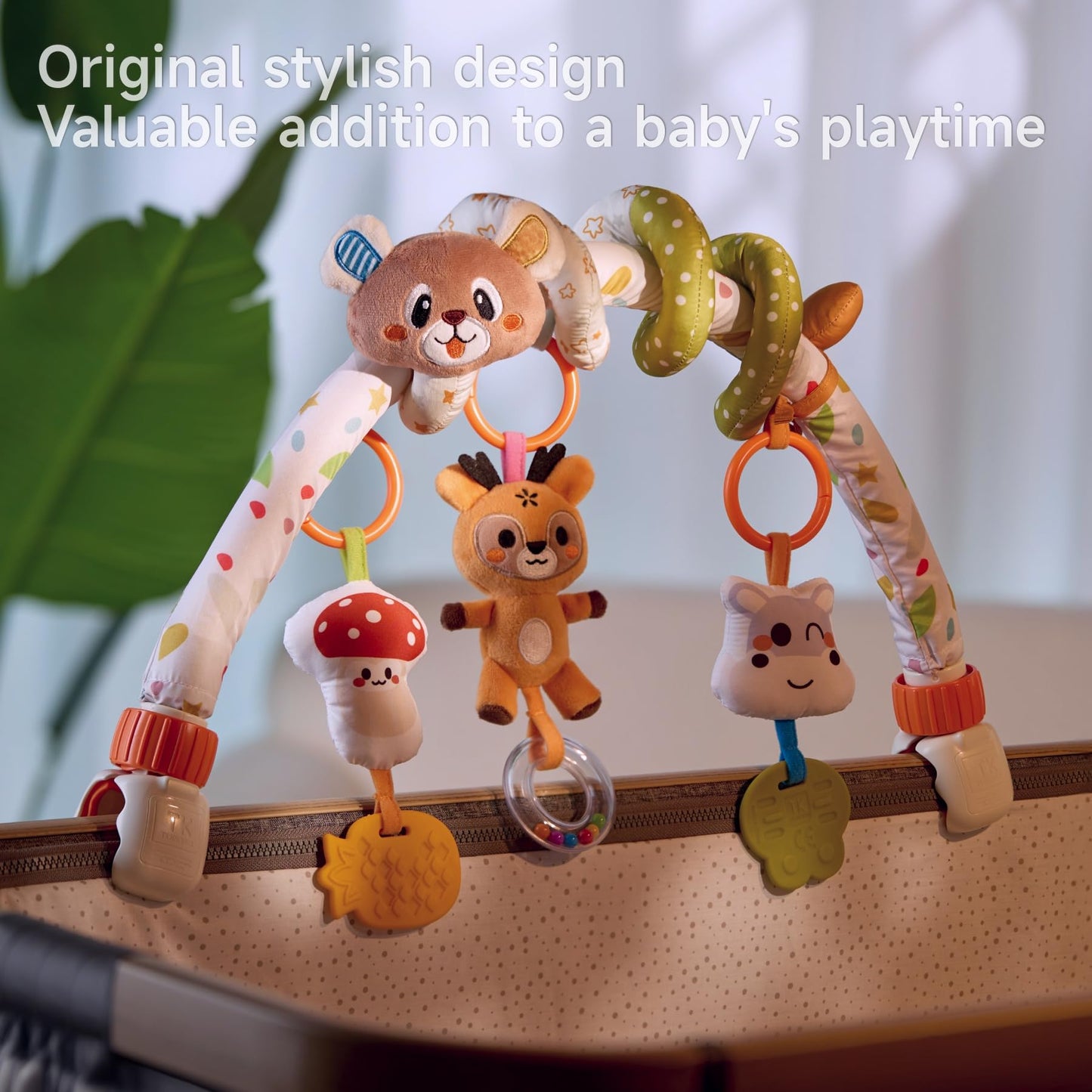 TUMAMA Baby Activity Arch with Bear Spiral Toy, Clips Adjustable and Detachable Sensory Stimulating Hanging Toys Baby Toys 0-3 3