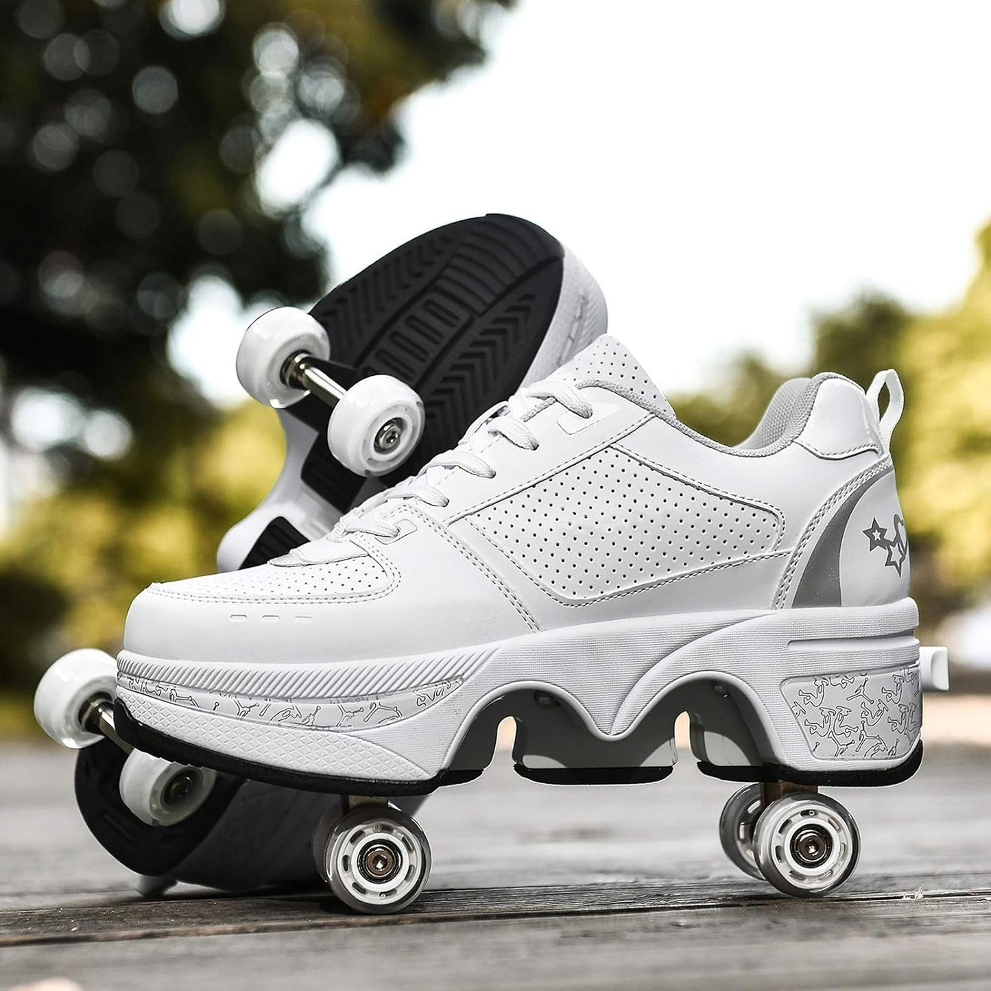 Double-Row Deform Wheel Automatic Walking Shoes Invisible Deformation Roller Skate 2 in 1 Removable Pulley Skates Skating Parkour (White Silver  US 7)