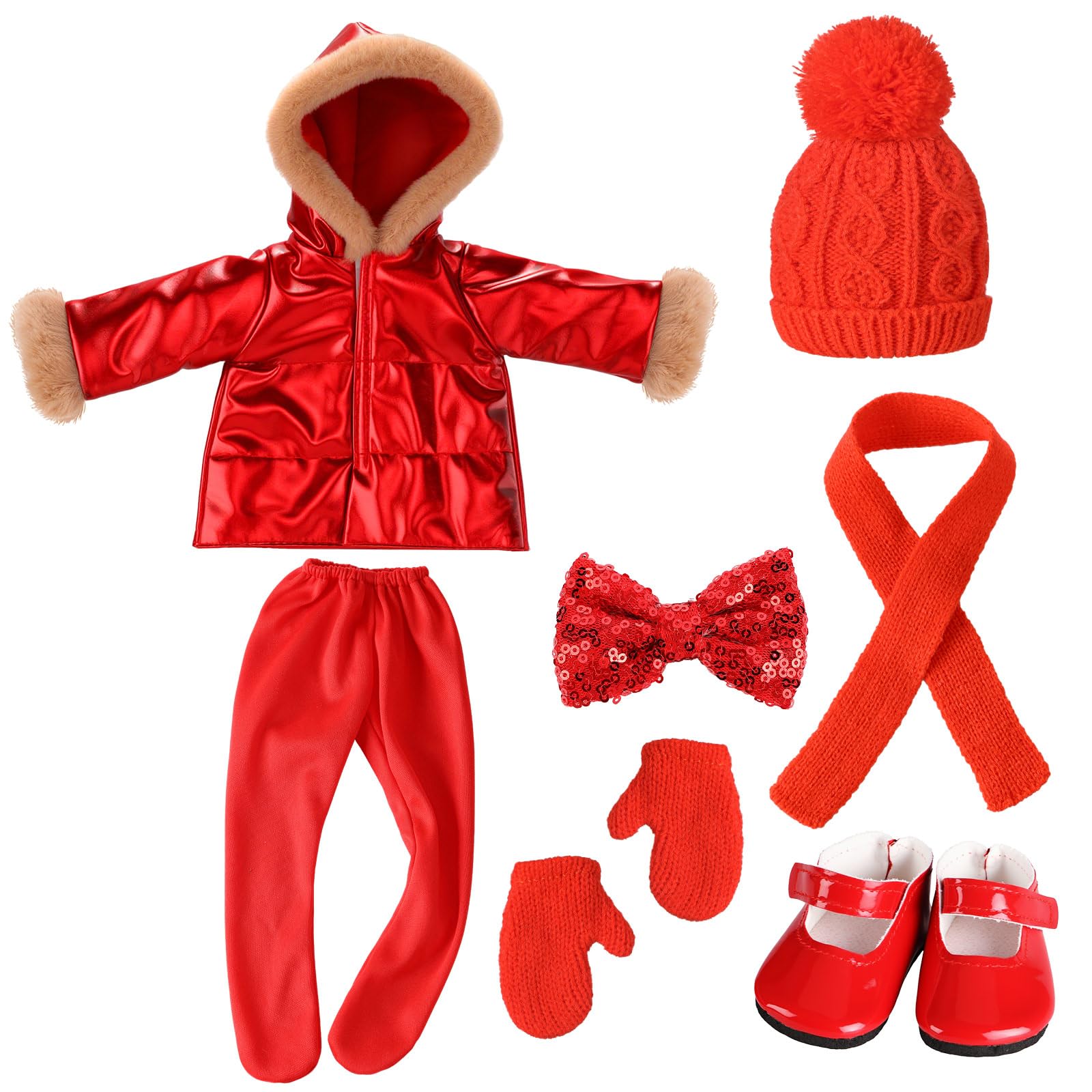 Kajaia 8 Pcs Red Winter Doll Clothes 18 Inch Doll Clothes and Accessories Dress Shoes Hat Outfit Winter Accessories for 18 Inch