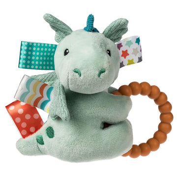 Taggies Soft Baby Rattle - Soothing Teether Ring & Sensory Tags, 6-Inch, Drax Dragon, Silicone Material