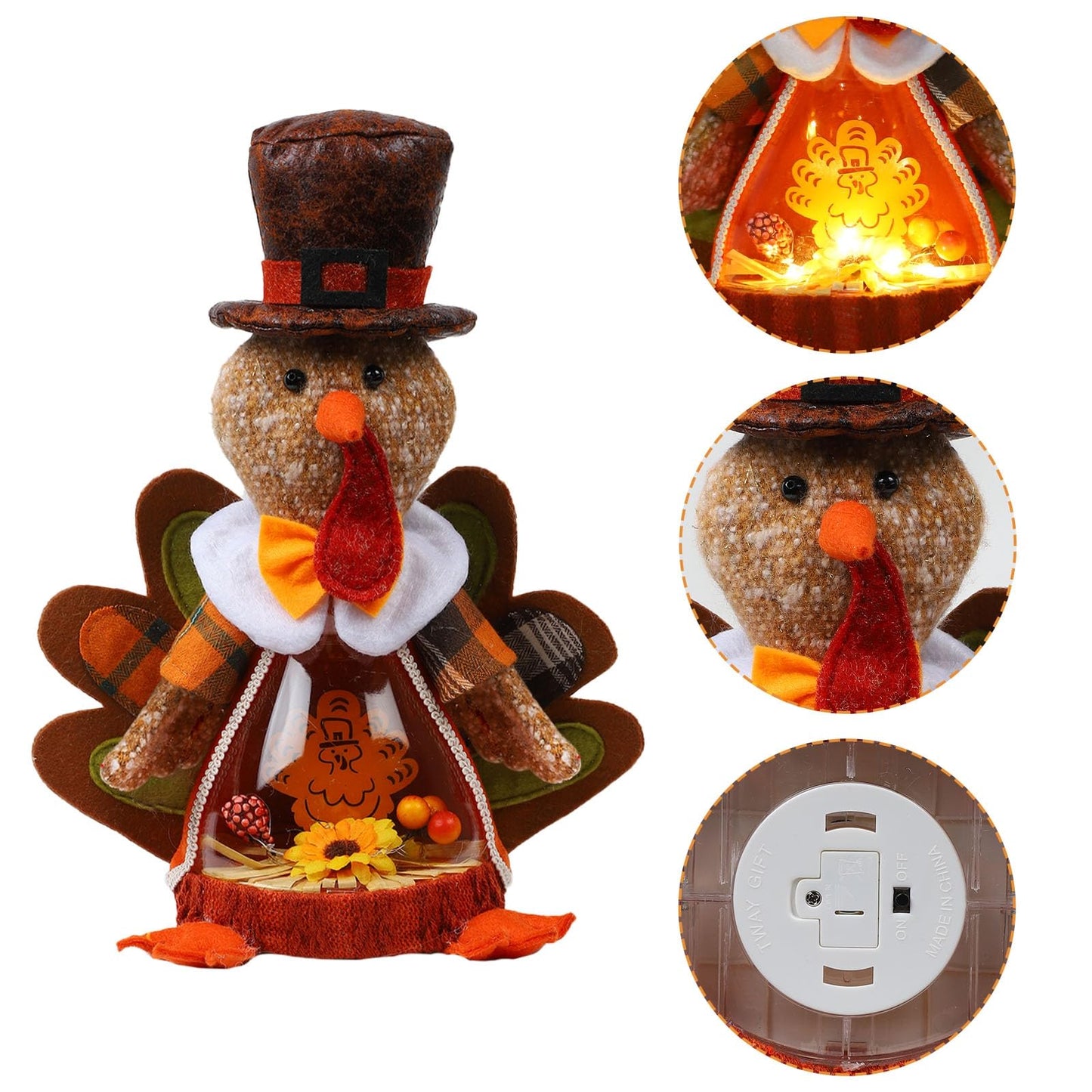 Aoutrow Lighted Thanksgiving Turkey,10 Inches Plush Light Up Turkey Toy Holiday Present, Battery Operated Xmas Gifts Winter Mant