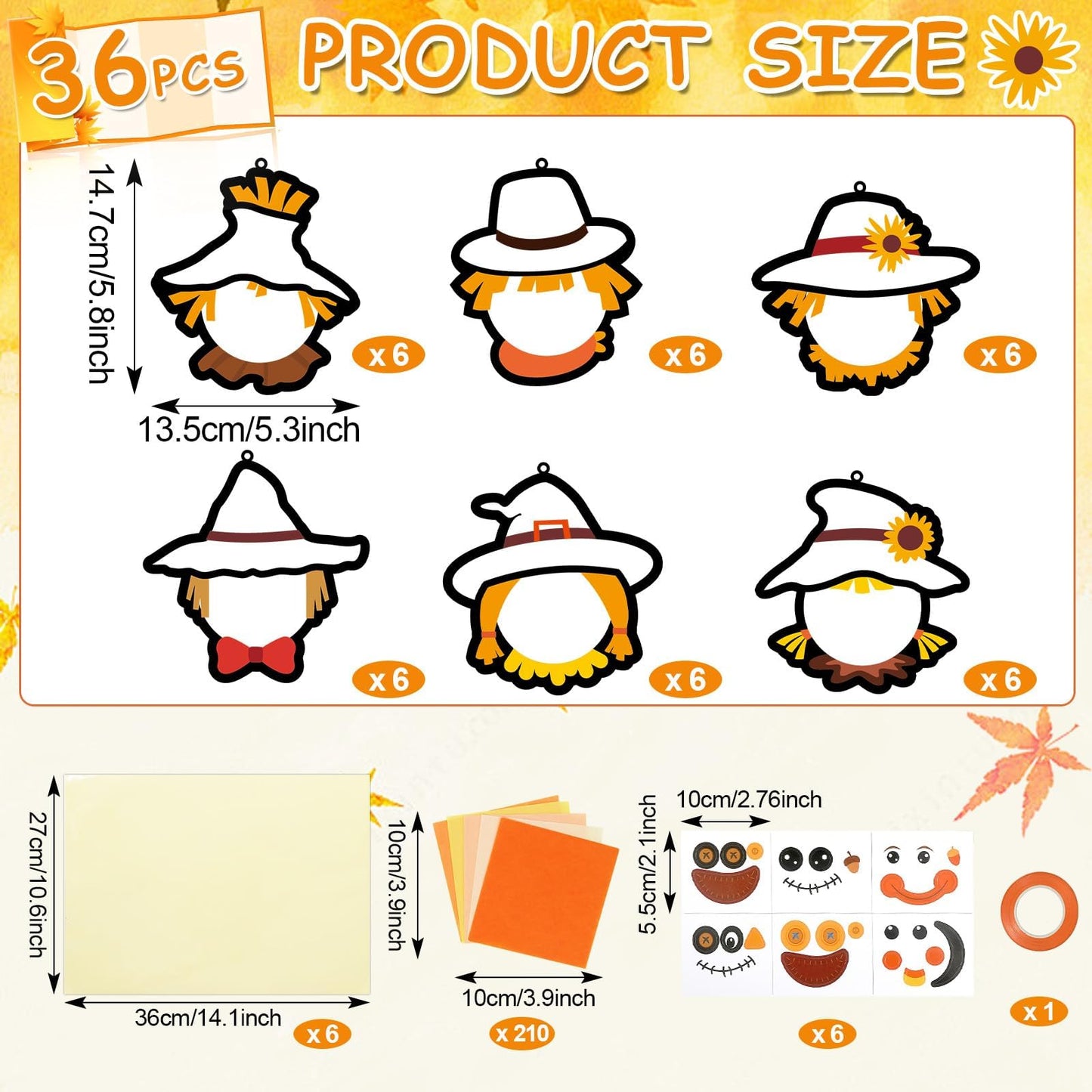 Qyeahkj 36 Set Fall Scarecrow Suncatchers Craft for Kids DIY Autumn Window Tissue Paper Craft Kit Hanging Decor for Thinkgiving