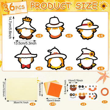Qyeahkj 36 Set Fall Scarecrow Suncatchers Craft for Kids DIY Autumn Window Tissue Paper Craft Kit Hanging Decor for Thinkgiving