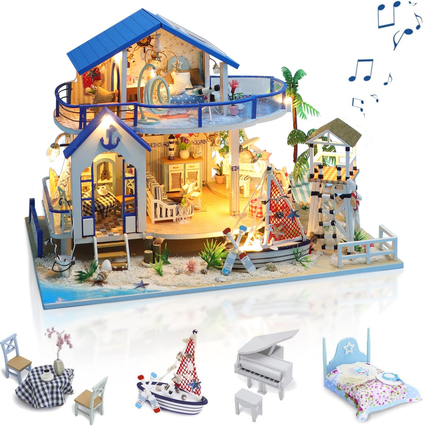 GuDoQi DIY Miniature Dollhouse Kit  Miniature House Kit 1:24 Scale Tiny House kit with Music and Furniture Kit  Great Gift for Birthday Christmas  Blue Sea Legend