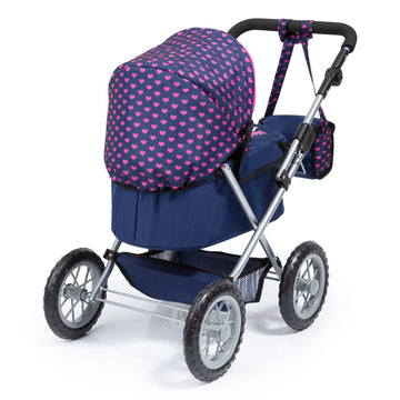 Bayer Design Dolls: Trendy Pram - Blue, Pink, Hearts - Includes Shoulder Bag, Fits Dolls Up to 18, Adjustable Handle, Kids Prete