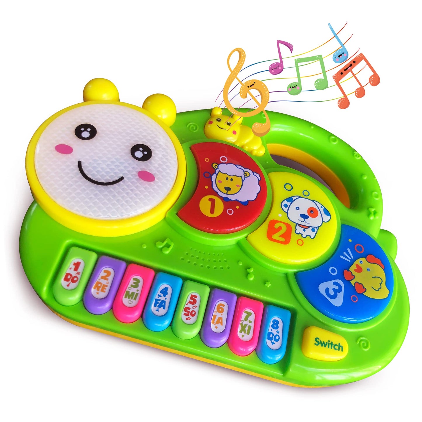 AMINFUN Baby Piano Drum 6-12 Months Toy, Caterpillar Piano Keyboard Drum Light Up Sound Musical Toy, Learning Educational Intera