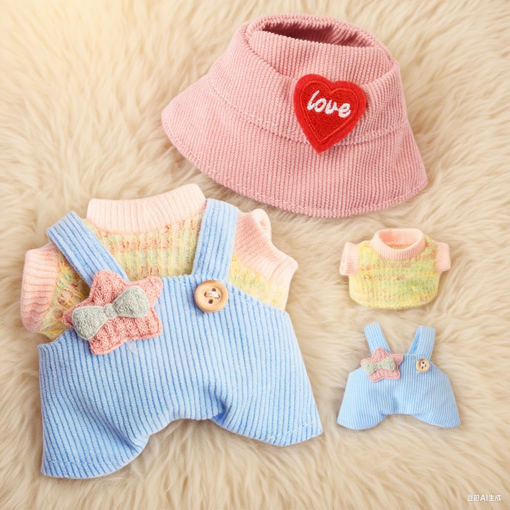 17 cm Doll Clothes  3-Piece Set Stylish Clothes for 17cm Doll  enhanced Outfit with Accessories for Doll - Red Heart Pink Hat & Tshirt & Star Romper (NO Doll)