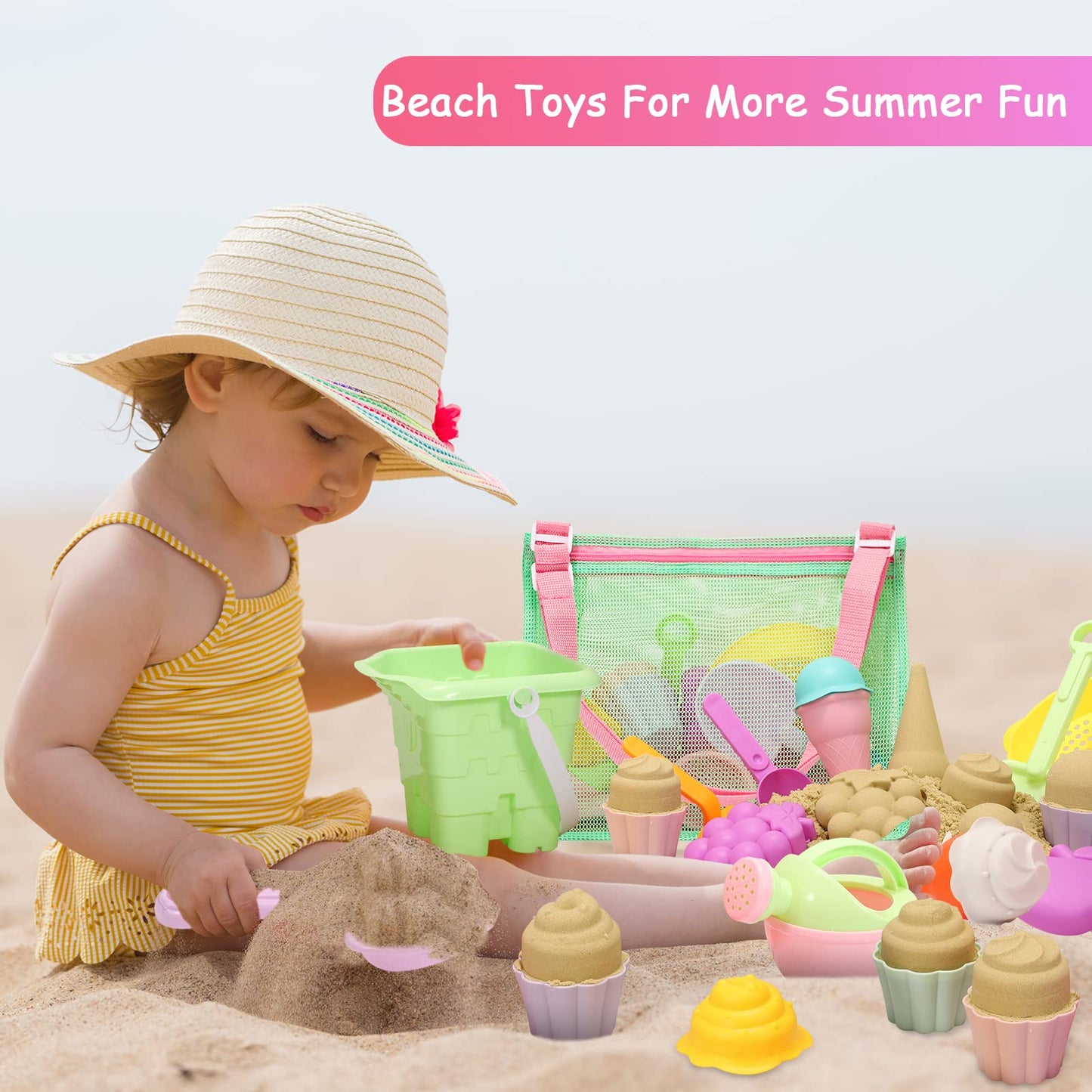 Tagitary Beach Sand Toys for Kids, Beach Toys 23PCS Set with Ice Cream Cake Sand Molds, Mesh Beach Bag, Bucket, Watering Can, Sh