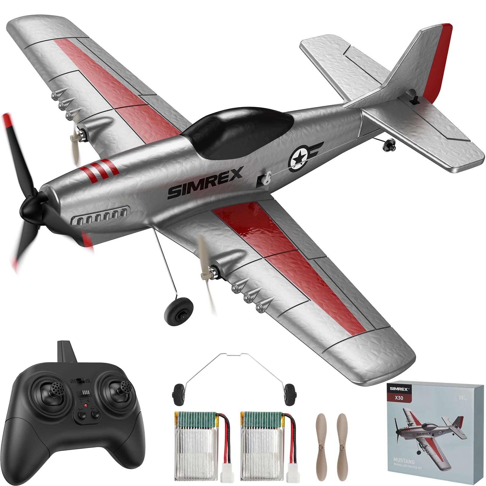 SIMREX RC Plane for Kids - 2.4GHz 3-Channel Remote Control Airplane Toy with 6-Axis Gyro, 2 Speeds, 2 Batteries, RC Foam Glider 