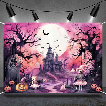 LDWLYW Pink Halloween Backdrop Banner 5x3 ft Spooky Witch Decor for Kids, Black Ghost Haunted House Party Background