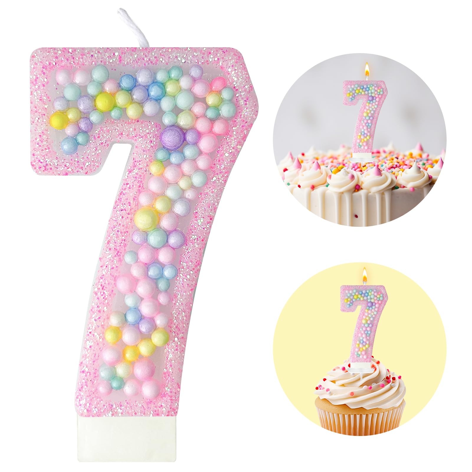 Zlongron Birthday Number Candles, Handmade Macaron 3D Flash Number 7 Candle, Suitable for Girls and Boys Birthdays, Weddings, A
