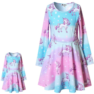 Unicorn Dresses For Girls & Doll 18 Inch Long Sleeve Fall Winter Dresses,Size 6 7