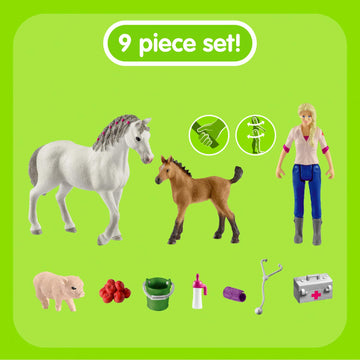 Schleich Farm World, Farm Animal Toys For Kidsm Vet Visiting Mare And Foal With Veterinarian And Horse Toys 9-Piece Set