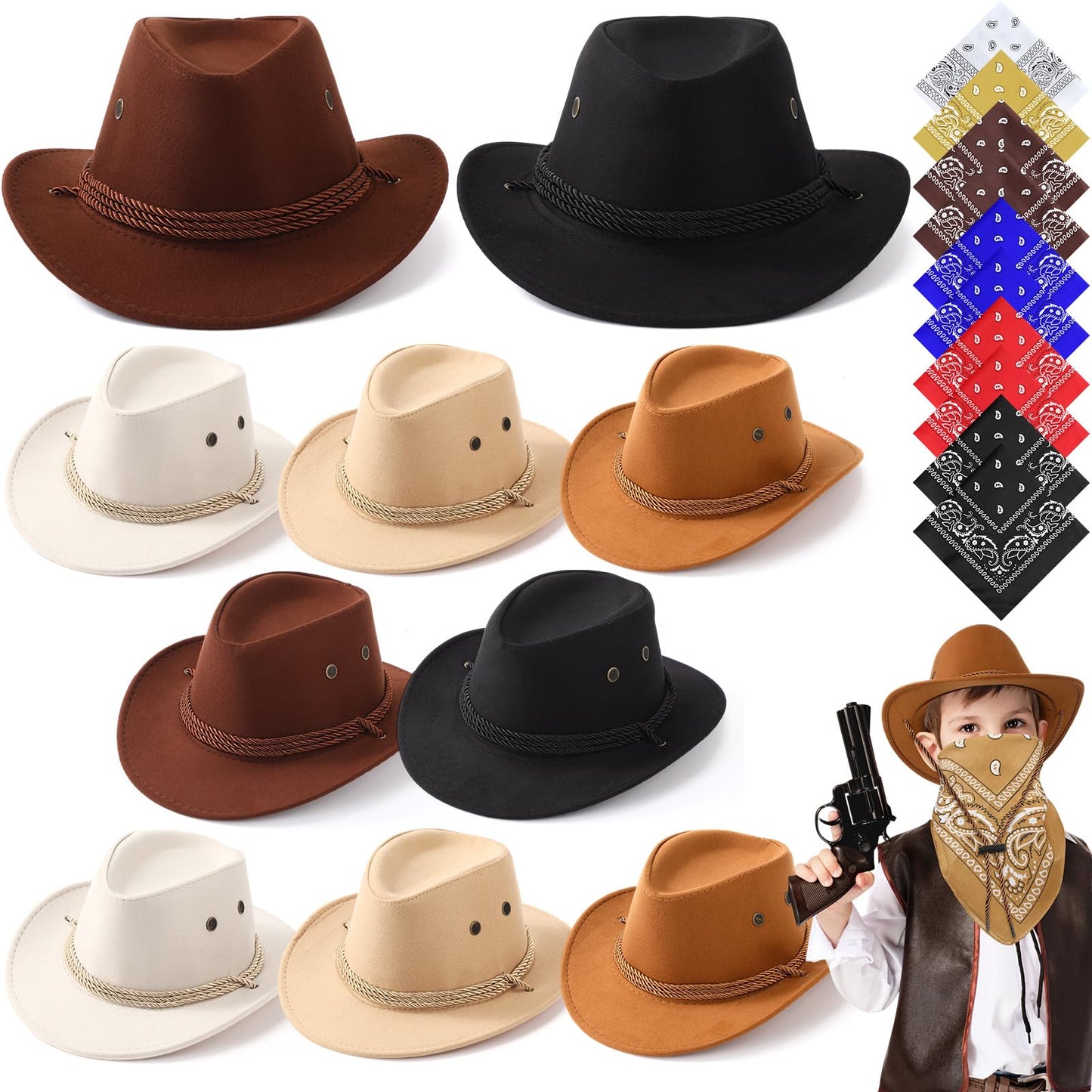 Unittype 20 Pcs Halloween Western Costume Cowboy Hats Set Kids Cowgirl Themed Party Felt Bandanna Hat with Paisley Bulk(Brown Se
