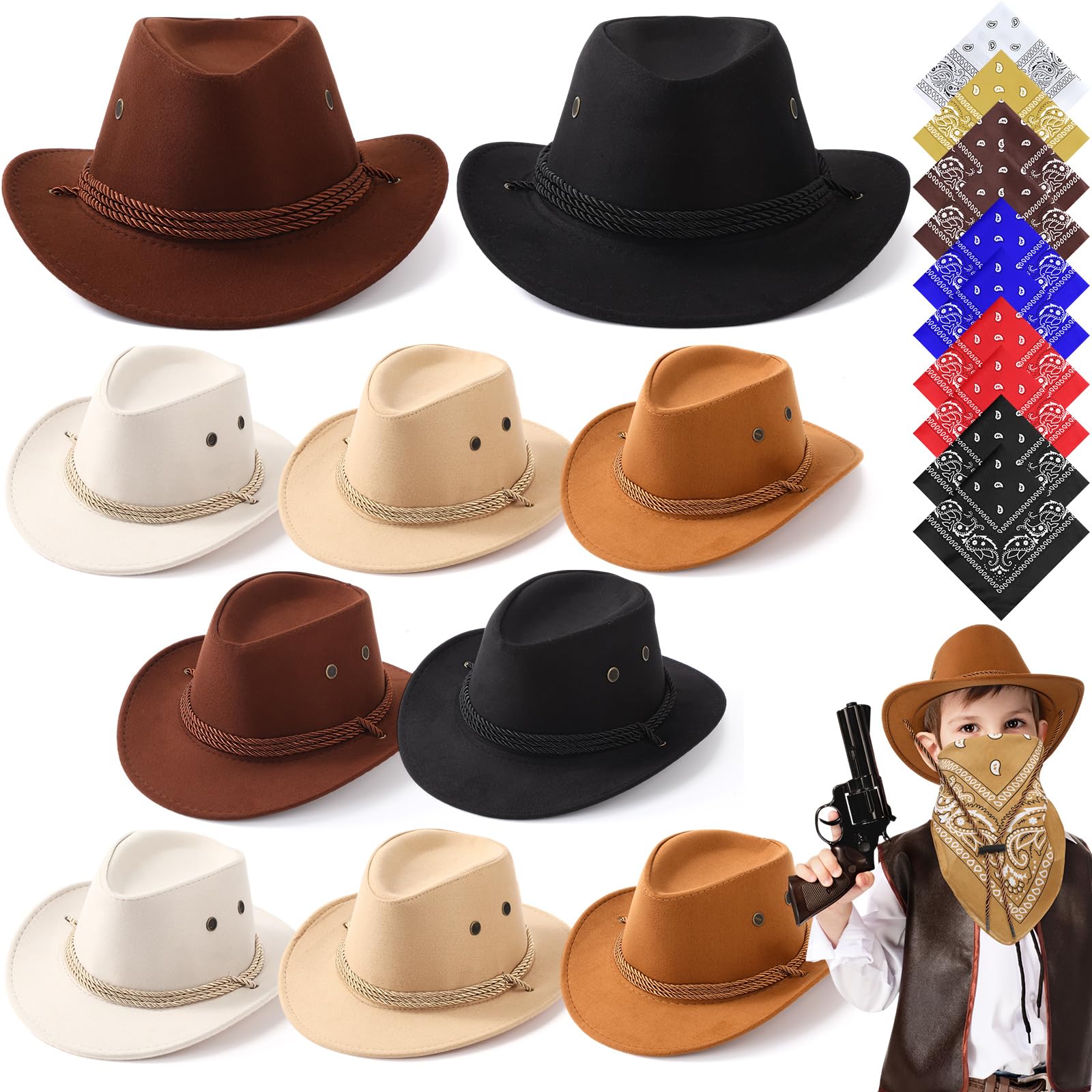 Unittype 20 Pcs Halloween Western Costume Cowboy Hats Set Kids Cowgirl Themed Party Felt Bandanna Hat with Paisley Bulk(Brown Se