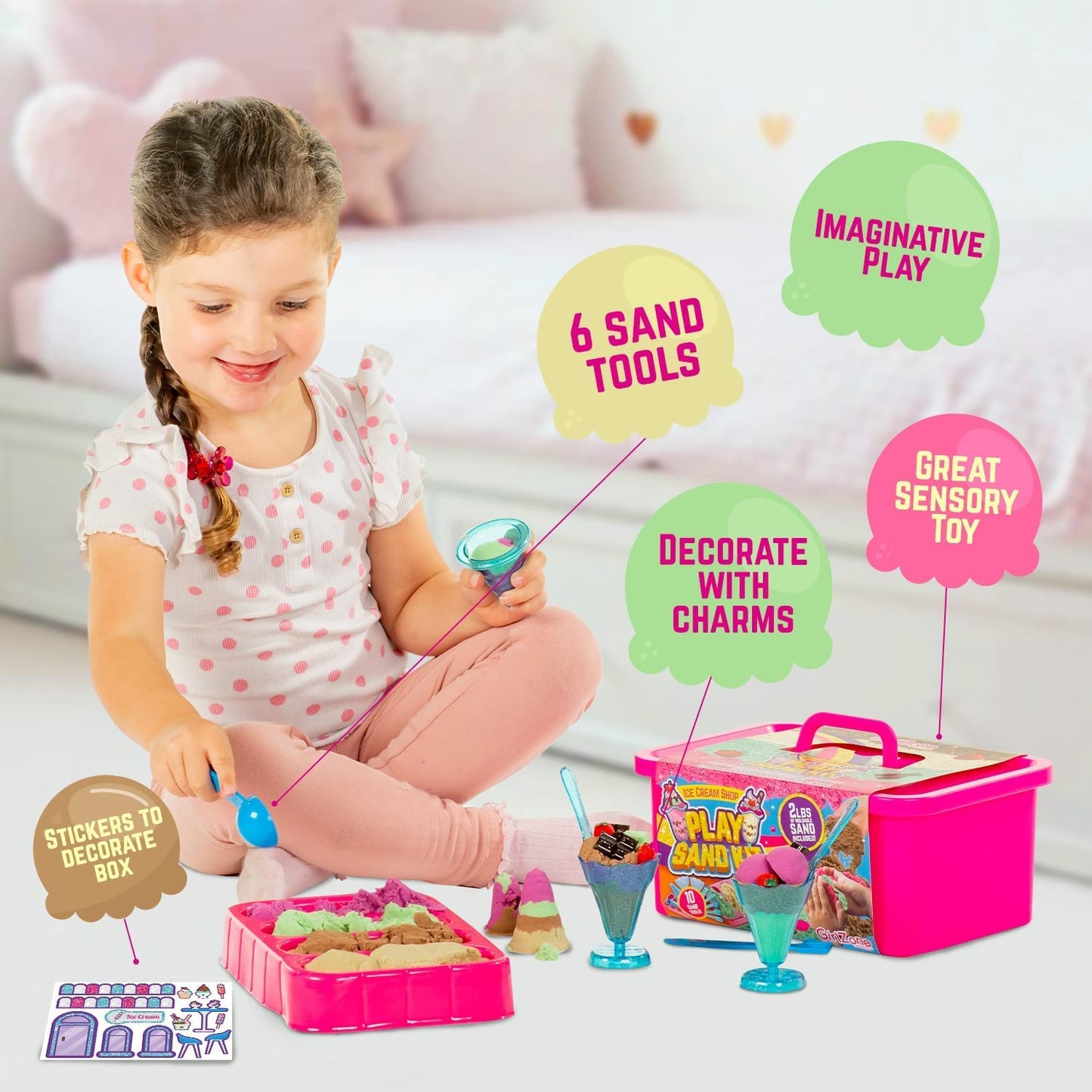 GirlZone Ice Cream Shop Play Sand Kit - 2 lb Magnetic Sand Toys - Multicolor - Ages 7+ - 22 Pieces