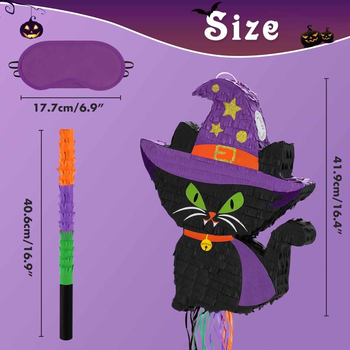 WERNNSAI Halloween Cat Pinata - Black Cat Party Decoration with Witch Hat, Paper, Kids Birthday Supplies, Includes Stick & Blindfold