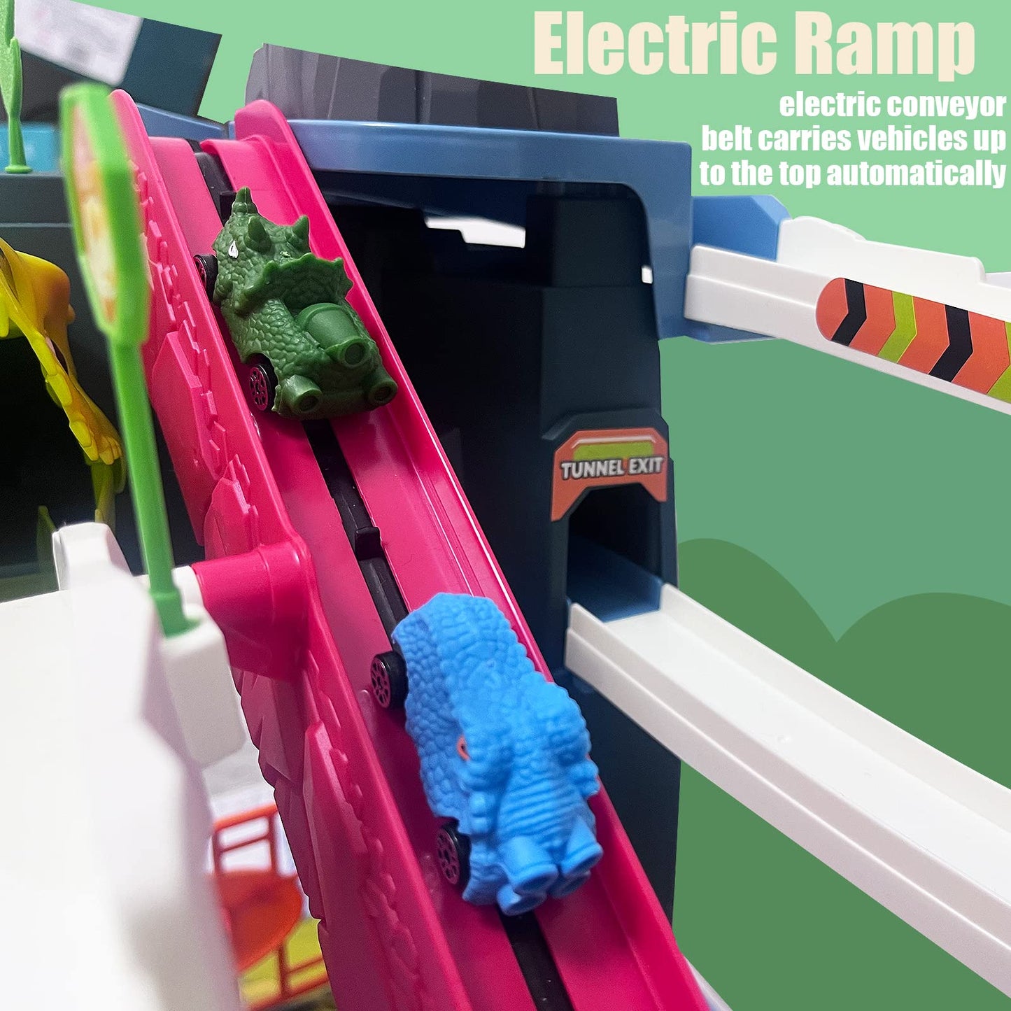 Juqic Children's Toy Car Ramp Track Dinosaur Spray Hills Adventure Railcar Slot Car Vehicle Race Play Set with 20 Mini Cars for