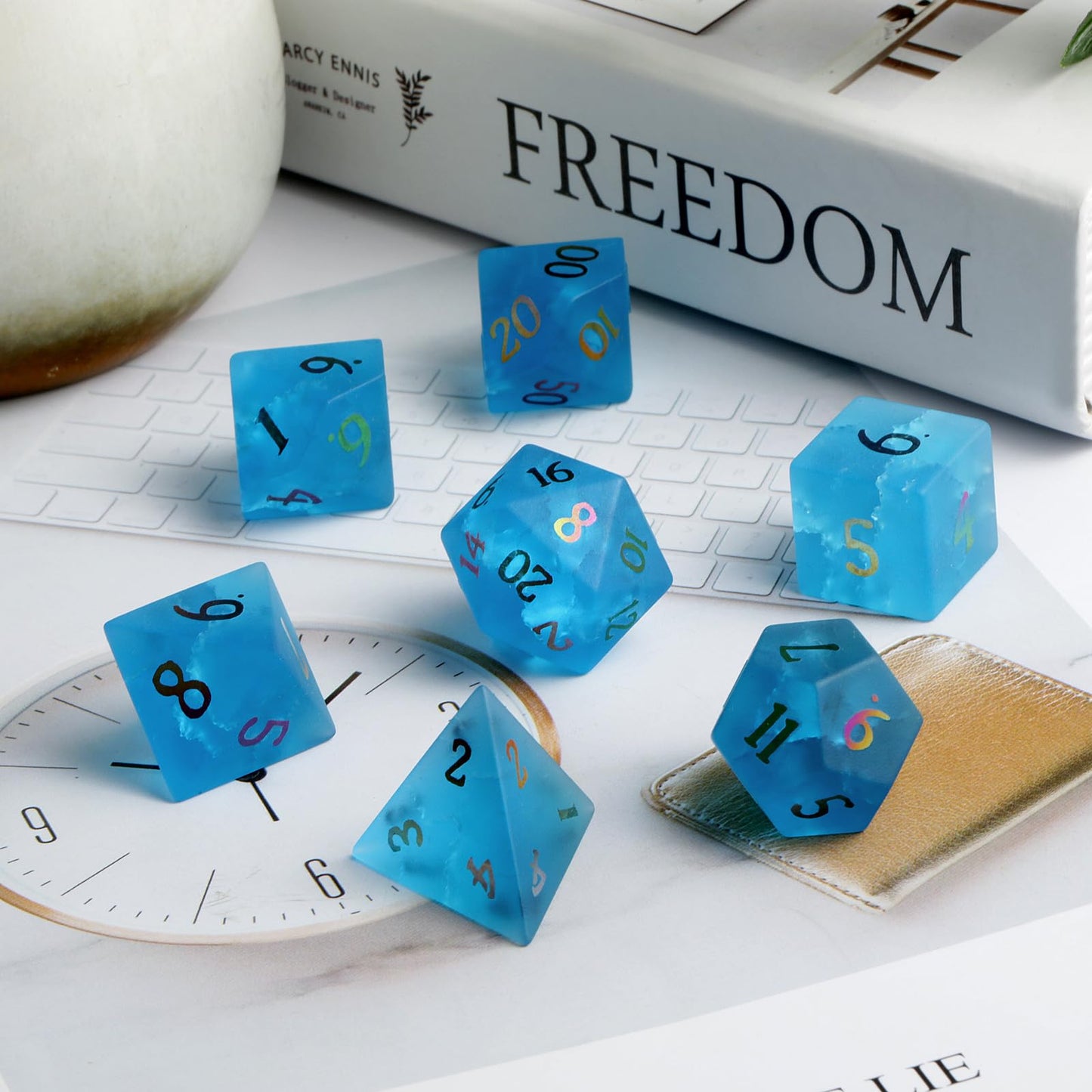 Dnd Dice Cracked Frosted Glass 7 Piece Blue Zircon Dice With Great Gift Case For Dnd Dungeons And Dragon Tabletop Game (Blue Gla