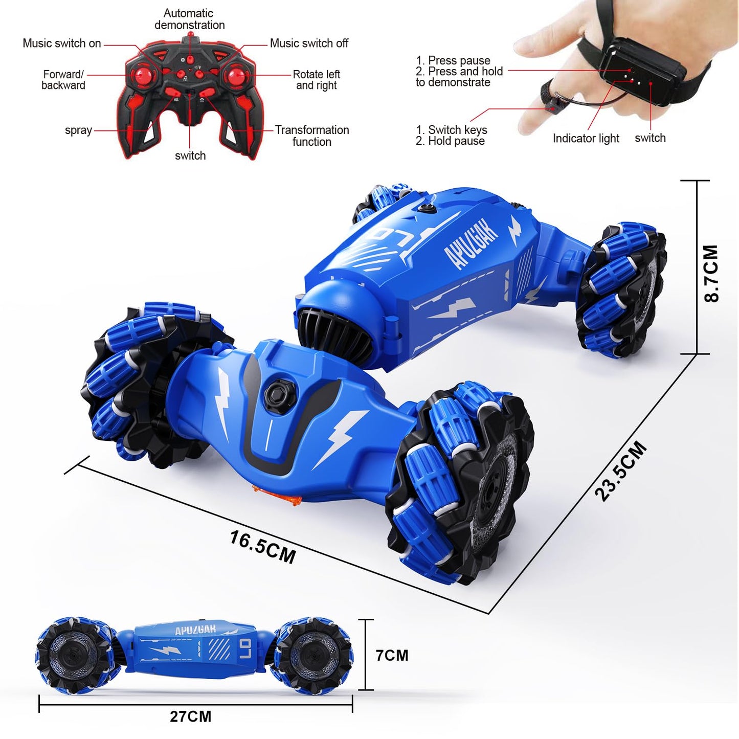 LOOZIX Hand Gesture Sensing RC Stunt Car, Medium, Plastic, Blue, Lights & Music, 360 Spins, All Terrains, for Boys 6-10 Years
