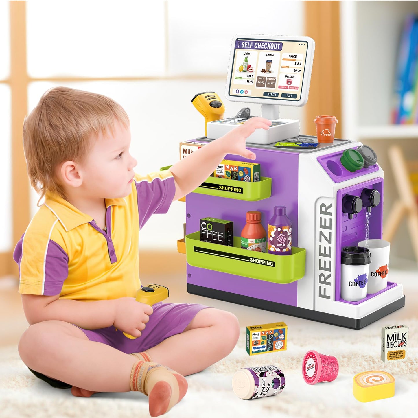 Deao Toy Cash Register For Kids Pretend Play Store Calculator Money 3 In 1 Coffee Machine Set Toys With Water Outlet Function Pl