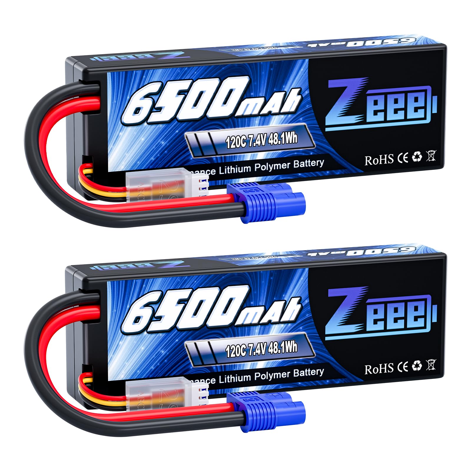 Zeee 2S Lipo Battery 6500mAh 120C 7.4V Hard Case Battery with EC3 Connector for RC Vehicles RC Car Truck Truggy 1/10 Scale Racin