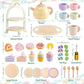 Lonico Wooden Tea Party Set for Little Girls Toddler Tea Set with Cupcake Stand & Food Dessert, Play Kitchen Accessories for Tod