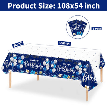 Duaiai Happy Birthday Decorations, 3 Pcs Navy Blue And Silver Birthday Tablecloth For Boys Girls Men Women, Plastic Disposable Rectangle Table Cover For Birthday Party Supplies- 54' X 108'