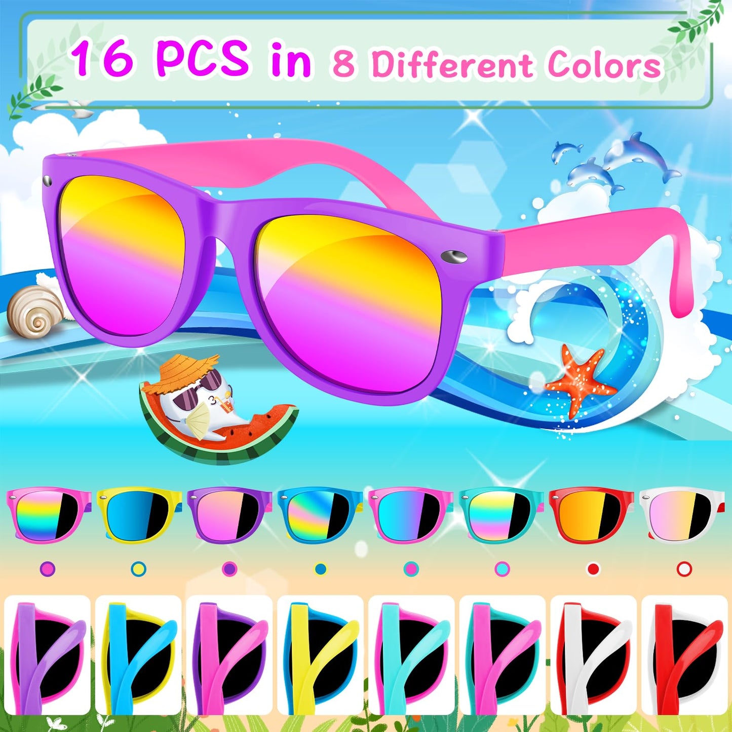 Kids Sunglasses Bulk, Kids Sunglasses Party Favor, 16Pack Neon Sunglasses For Kids Boys Girls Age 3-8, Party Favors For Kids 3-5