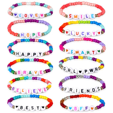 Bonuci 12 Pcs Kids Motivational Friendship Bracelets Letter Beads Bracelets for Girls Toddler Bracelets Gifts Bulk for Girls Kid