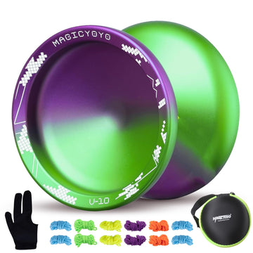 Magicyoyo V10 Black Blue Unresponsive Yoyo Professional Finger Spin Yoyo With 12 Yoyo Strings, Yoyo Case, Yoyo Glove(Purple Gree