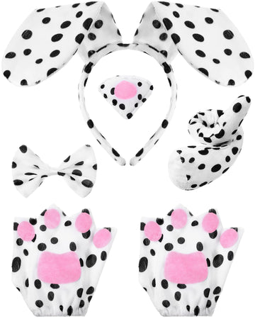 Syhood Puppy Dog Costume Set Kids Dog Ears Headband Bowtie Nose Tail Paw Gloves Puppy Animal Costume For Halloween Carnival World Book Day(Black White,Classic Style)