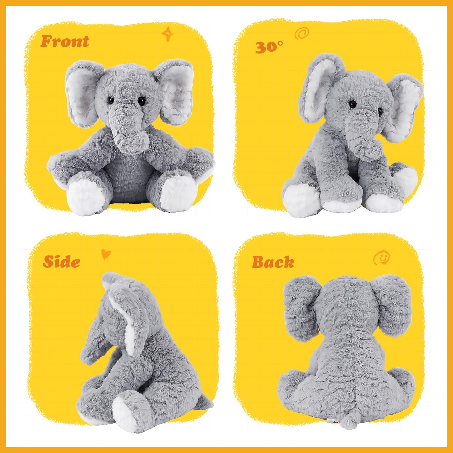 Mikee Fluffie Elephant Stuffed Animal - 12" Soft Plush Toy, Grey, Perfect Huggable Gift for Boys and Girls