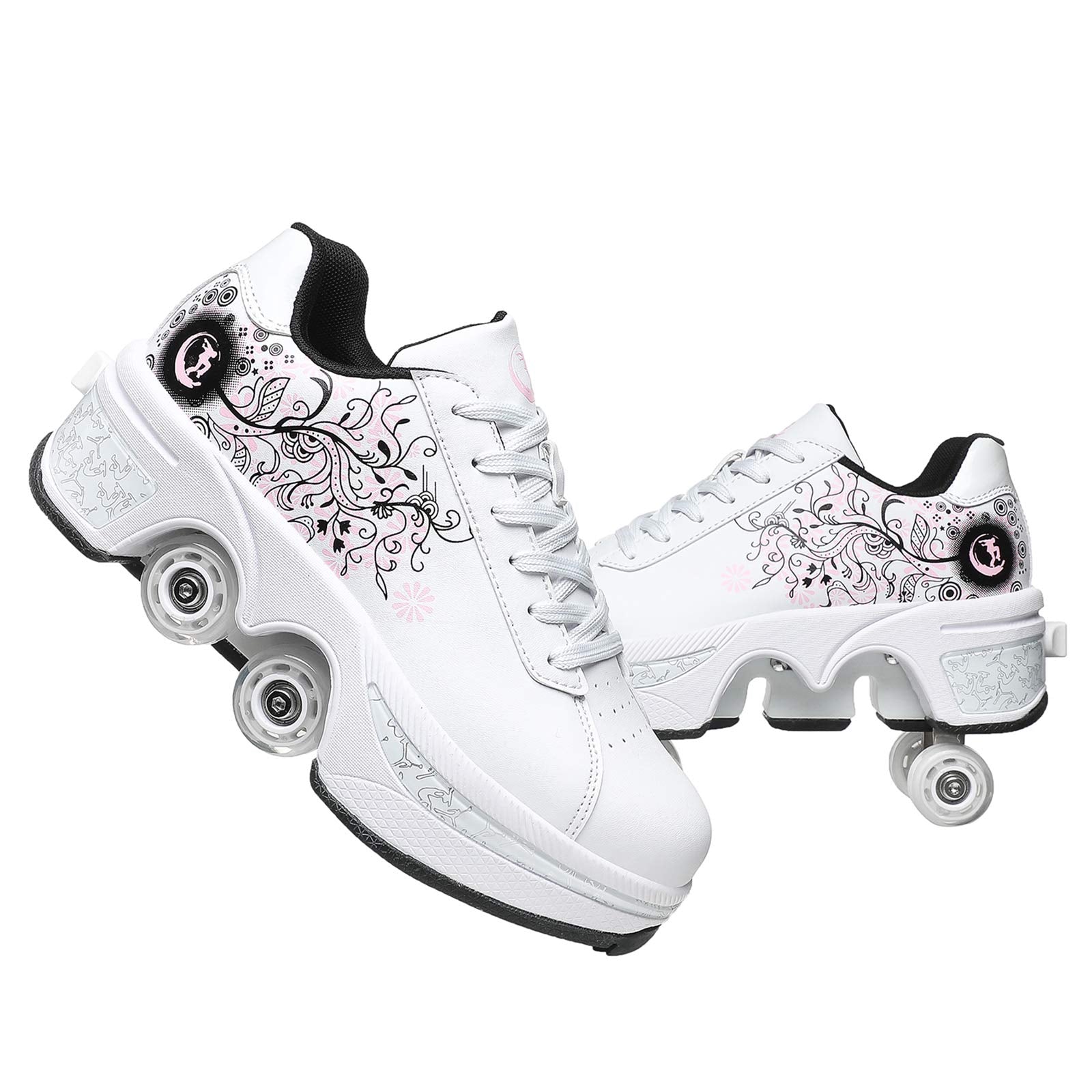 Double-Row Deform Wheel Automatic Walking Shoes Invisible Deformation Roller Skate 2 in 1 Removable Pulley Skates Skating Parkour (White Black Powder  US9)