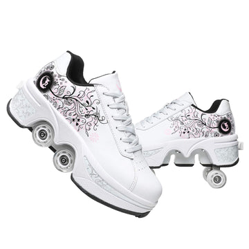 Double-Row Deform Wheel Automatic Walking Shoes Invisible Deformation Roller Skate 2 in 1 Removable Pulley Skates Skating Parkour (White Black Powder  US 5)