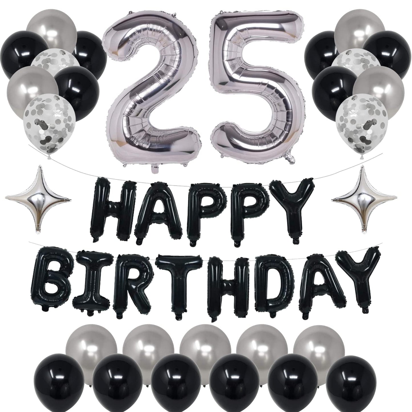 Naninuneno 25Th Black Silver Birthday Party Decorations For Men Women, Happy 25 Birthday Party Supplies With Black Happy Birthda
