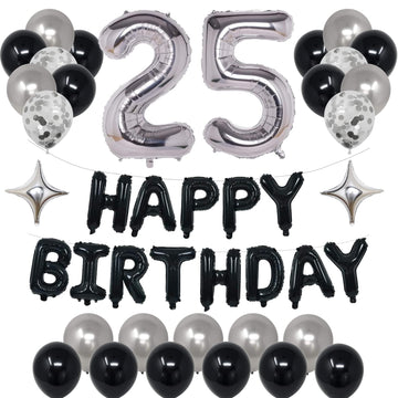 Naninuneno 25Th Black Silver Birthday Party Decorations For Men Women, Happy 25 Birthday Party Supplies With Black Happy Birthda