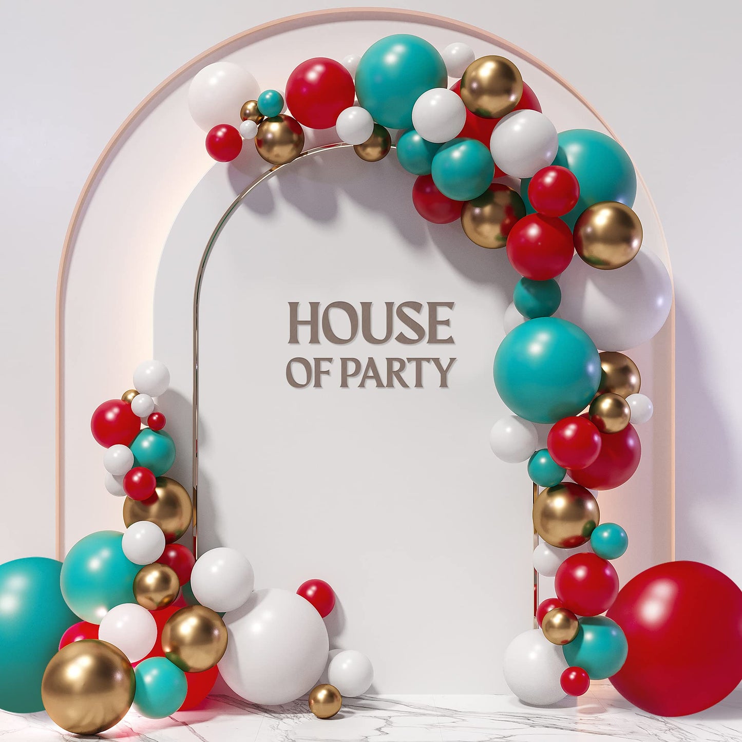 House Of Party Red, White And Gold Balloon Garland Kit 123 Pcs - Teal, Dark Red Metallic Balloons Arch For Valentine, Wedding, G