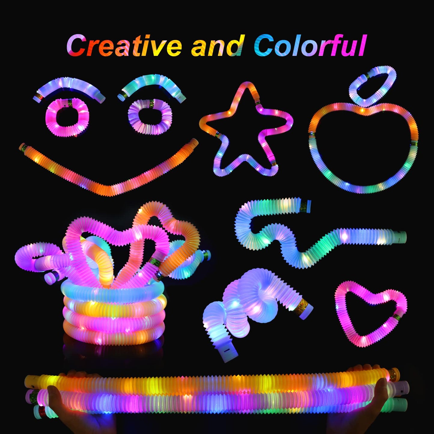 Light Up Pop Fidget Tubes Party Favors For Kids, 12 Pack Glow In The Dark Party Supplies Toddler Sensory Toys, Large Glow Sticks