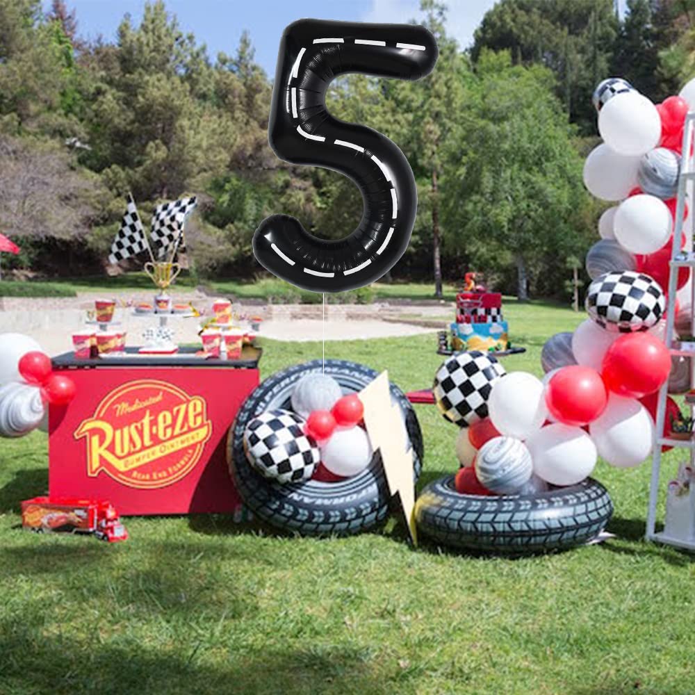 Toniful Race Car Black Balloons Car Birthday Party Supplies,40 Inch Giant Jumbo Helium Foil Mylar Big Number 5 Digital 5 Balloon