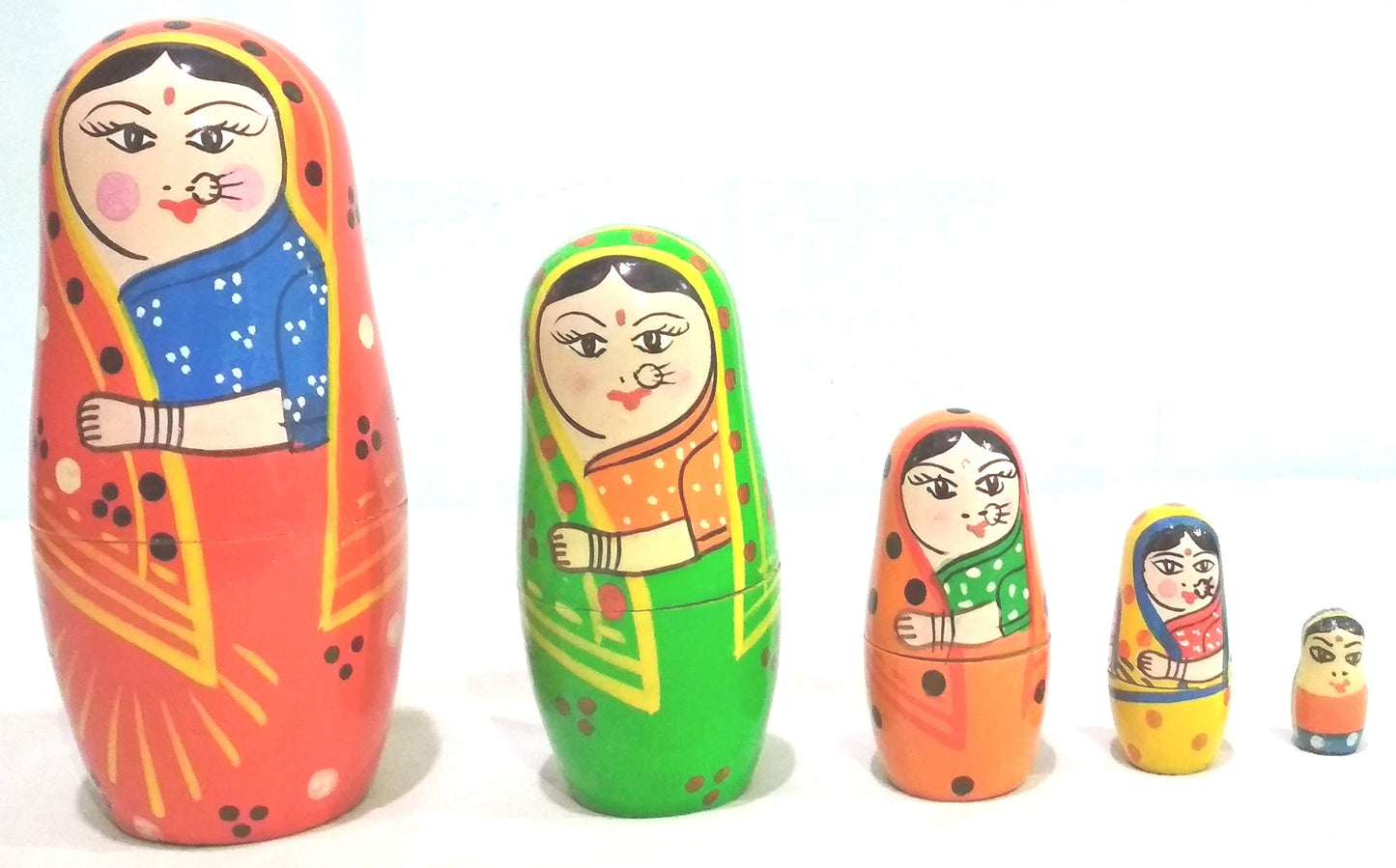 Crafts India Handcrafted Channapatna Wooden Hand Painted Indian Lady Stacking Toy 5 Pcs  Multi Color  14 Cms