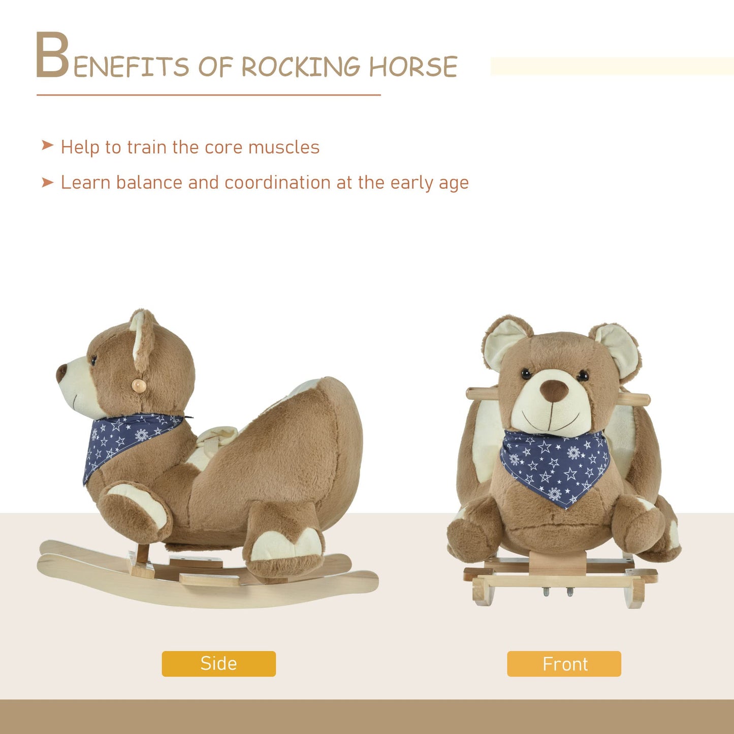 Qaba Baby Rocking Horse, Plush Animal Rocker with Lullaby, 23.5"x13.75"x19.75", Brown, Model 330-122, for Ages 18