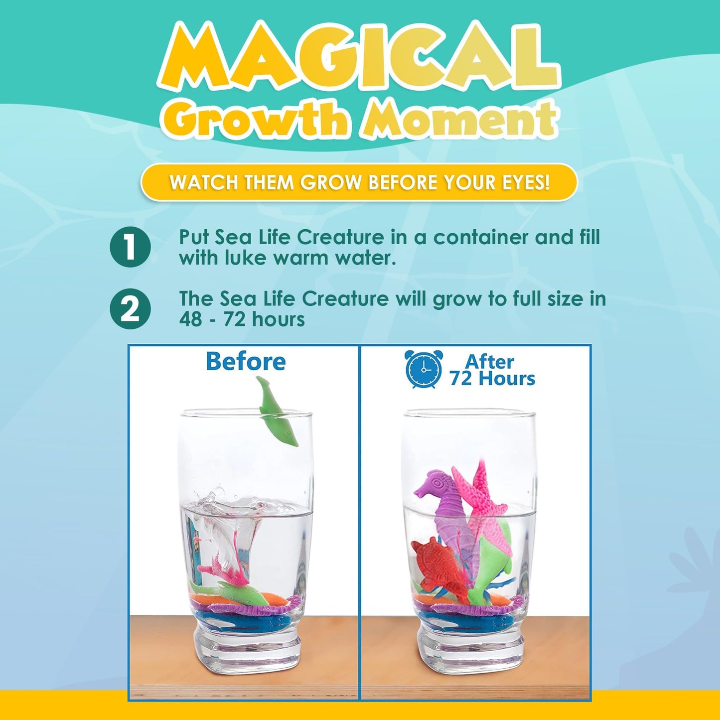 IPIDIPI TOYS Water Growing Sea Creature Toys – Ocean-Themed Party Favors, Medium, Colourful, Pack of 52, Plastic, Model GS02